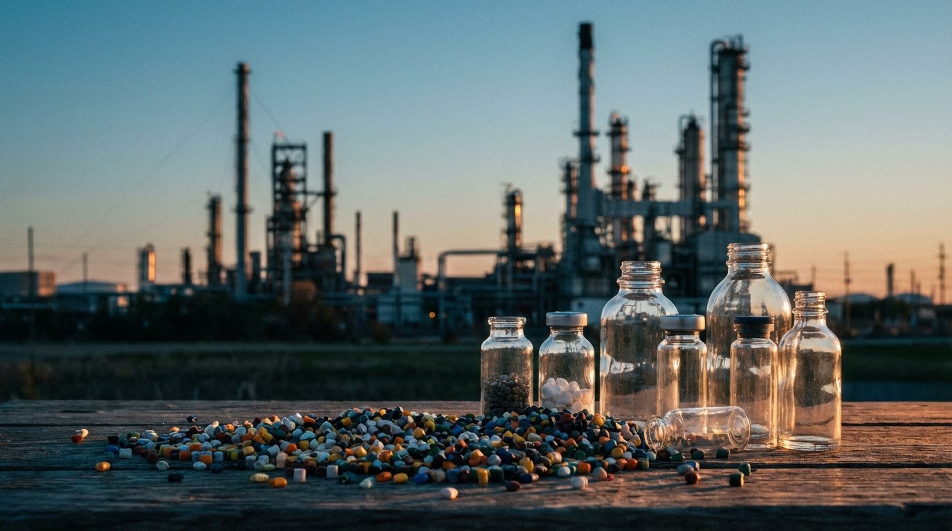 정유 공장을 배경으로 플라스틱 원료 펠릿과 다양한 의약품 용기들이 전경에 놓여 있는 사진