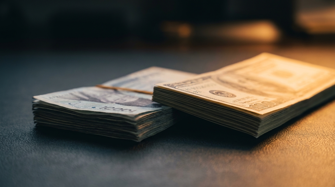 한국의 원화 화폐와 미국의 달러 화폐가 불균형하게 놓여있는 상태에서 달러가 원화를 압도하는 모습