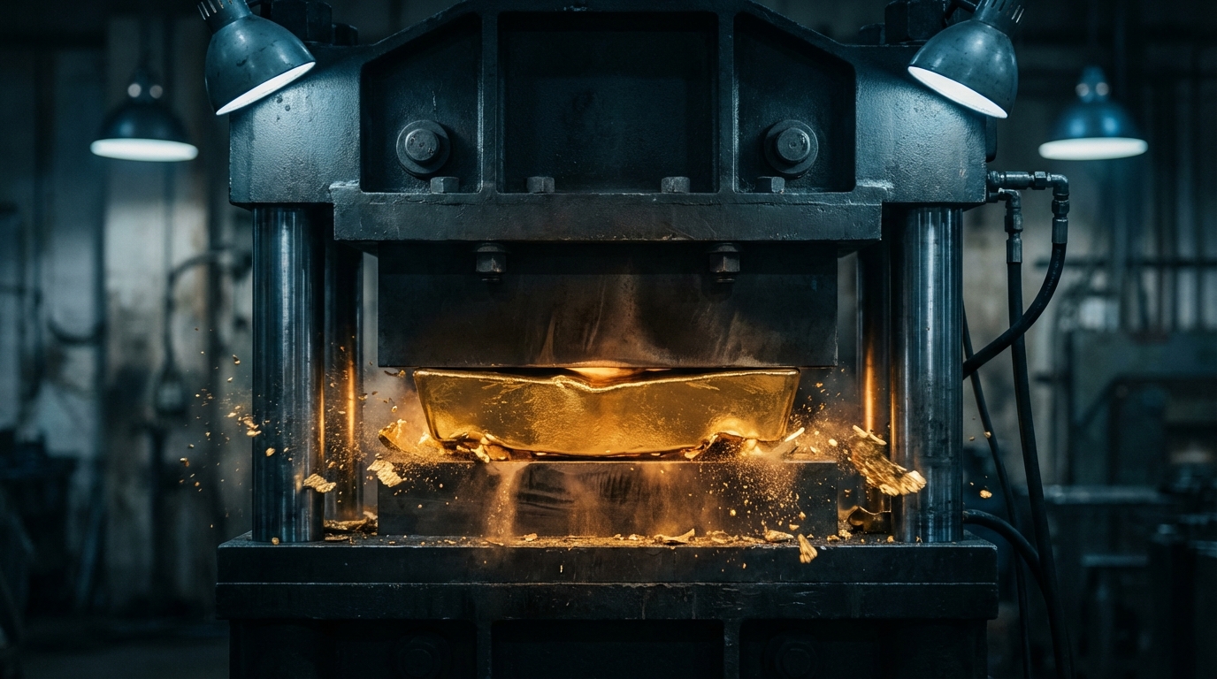 '마진 압축'의 원인을 시각화한 이미지입니다. 거대한 산업용 프레스가 금괴를 납작하게 짓누르는 모습을 통해, 가격 결정권이 없는 기업이 겪는 구조적인 이익 감소 압력을 은유적으로 표현합니다.