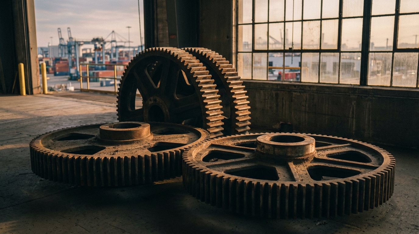 경기 부양의 필요성을 상징하는 거대한 산업단지의 기어들이 황금빛 햇살을 받으며 정지해 있는 모습