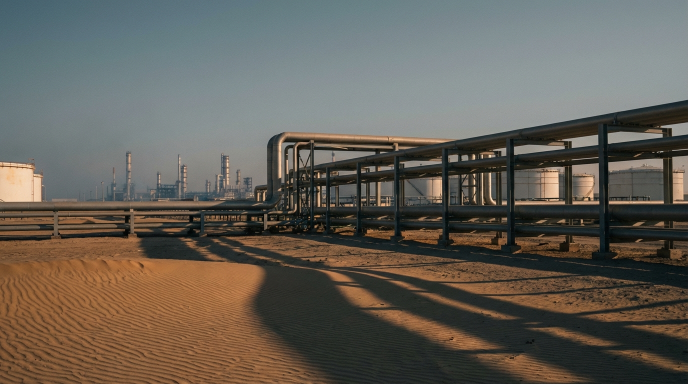 중동의 석유 생산 시설을 상징적으로 보여주는 이미지.