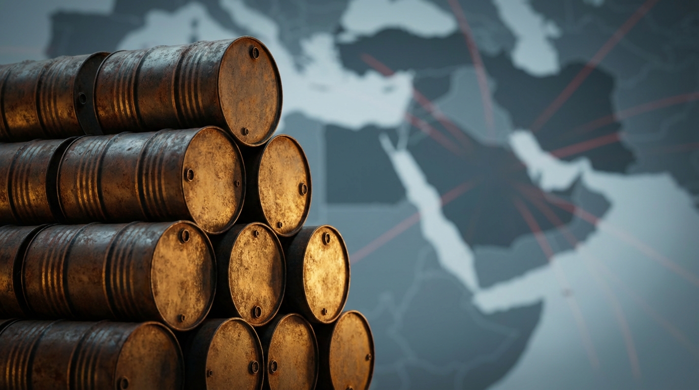 중동의 지정학적 불안정성으로 인한 국제 유가 상승을 상징하는 기름통과 중동 지도를 배경으로 한 전문적인 편집 사진.