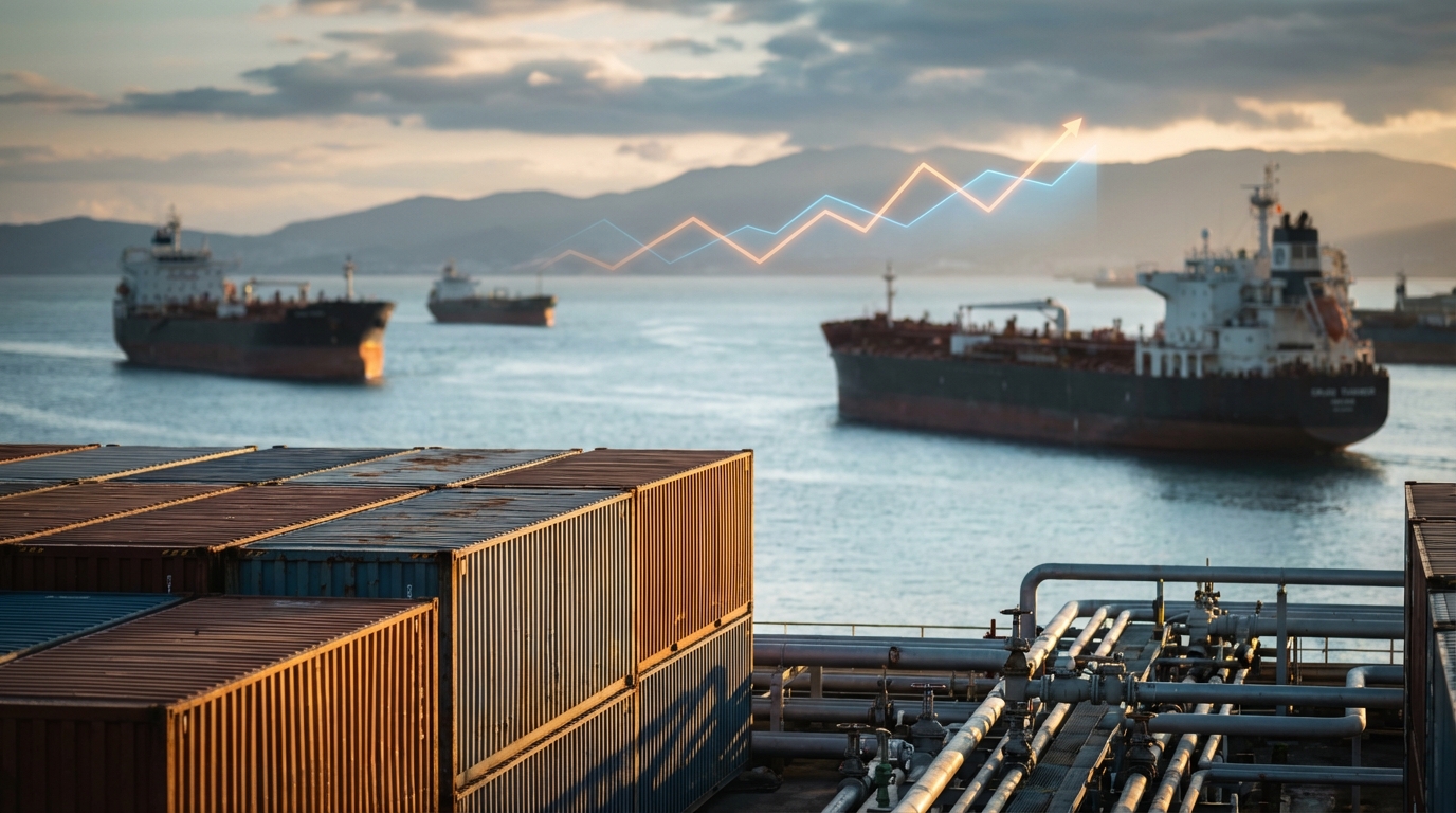 호르무즈 해협을 상징하는 선박들과 유가 상승 그래프