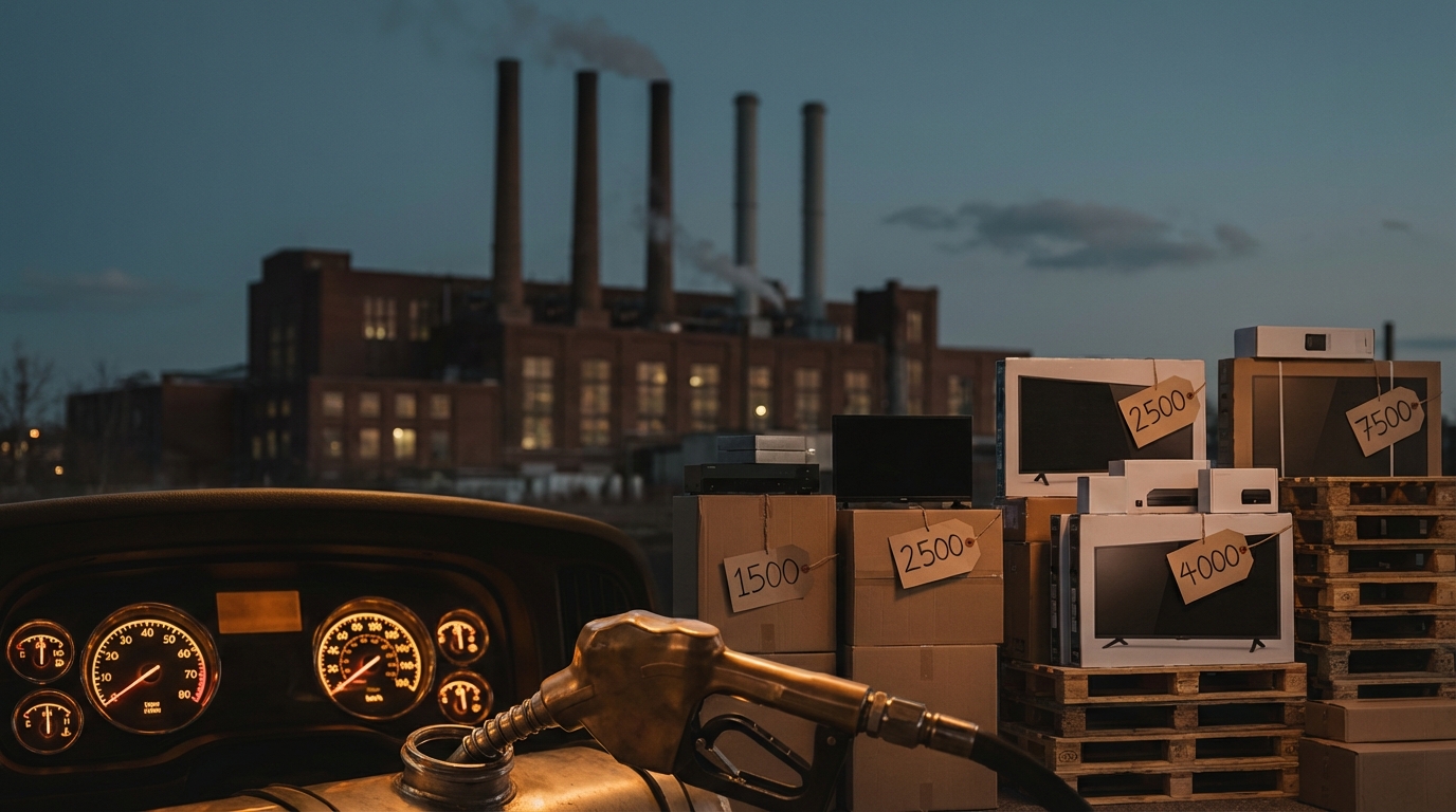 국제 원유 가격 상승으로 인해 기업의 생산 비용과 물류 비용이 증가하고, 이것이 소비자 물가 상승으로 이어지는 과정을 보여주는 실사 메타포 이미지. (가격표가 달린 상품들이 쌓인 선반과 물류 트럭 계기판, 공장의 가동 중인 모습)