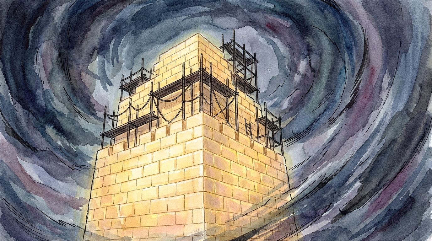 소용돌이치는 폭풍 속에서도 흔들림 없이 견고하게 쌓아 올려지고 있는 거대한 금빛 요새