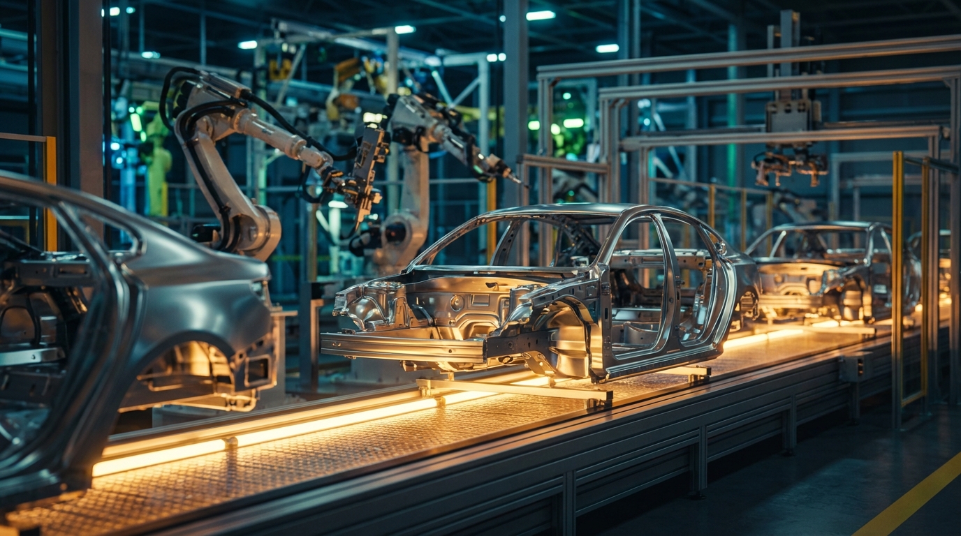 수출 기업의 활황을 나타내는 이미지. 최첨단 자동차 제조 공장의 자동화된 조립 라인이 따뜻한 산업 조명 아래 분주하게 움직이고 있다.