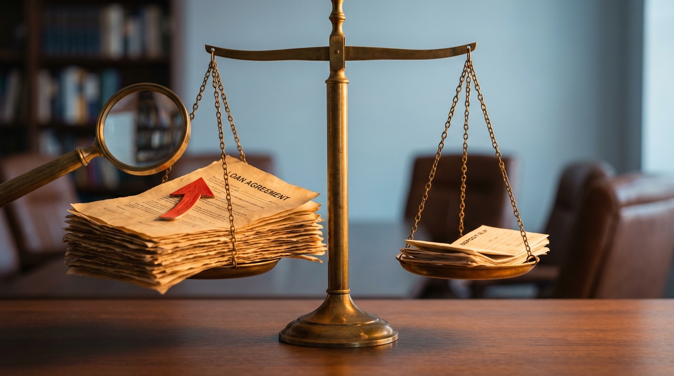 대출 계약서와 예금 전표를 저울질하는 골동품 균형 저울의 모습을 담은 개념적인 사진.