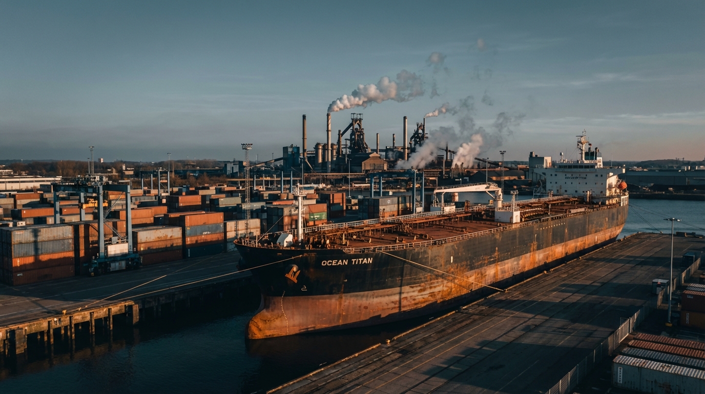 대형 유조선이 정박한 컨테이너 항구와 그 뒤로 연기를 내뿜는 공장 단지가 보이는 사진