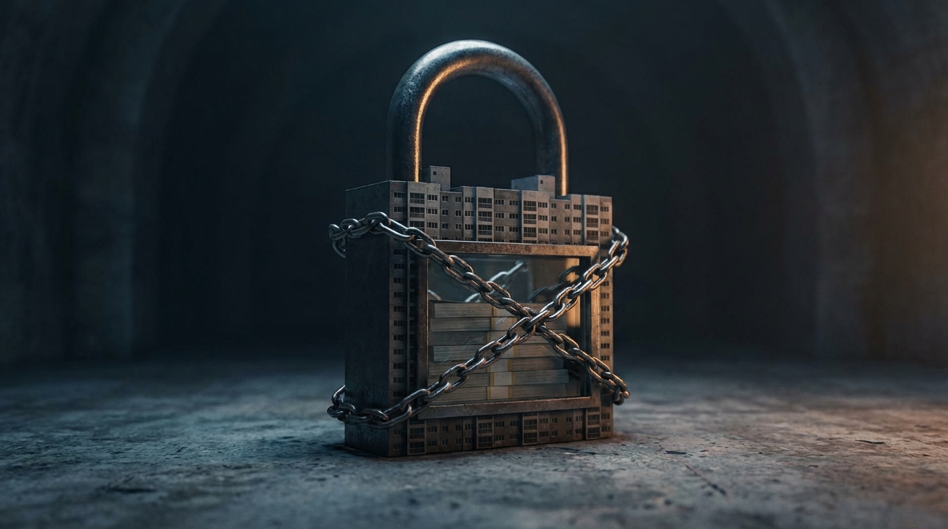 한국의 높은 부동산 자산 비중을 표현한 이미지. 아파트 모양의 거대한 자물쇠가 현금 뭉치를 단단히 잠그고 있어 유동성이 부족함을 암시한다.