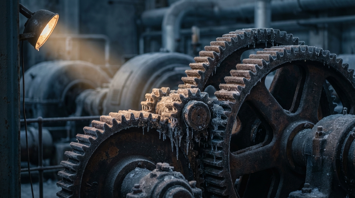유동성 부족을 상징하는, 얼어붙어 작동이 완전히 멈춘 거대한 산업용 기어의 모습