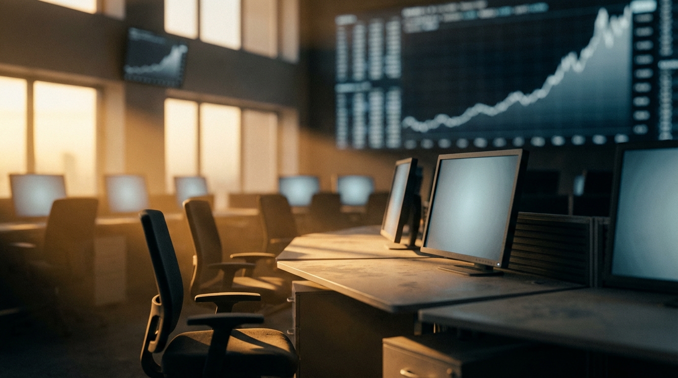 상승하는 그래프가 보이는 화면 앞, 텅 비어있고 정적인 트레이딩 플로어의 새벽 모습