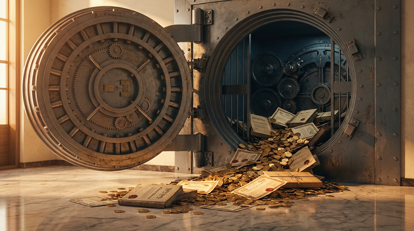 기업의 금고 문이 열리고 배당금을 상징하는 금화와 서류가 쏟아져 나오는 역동적인 장면.