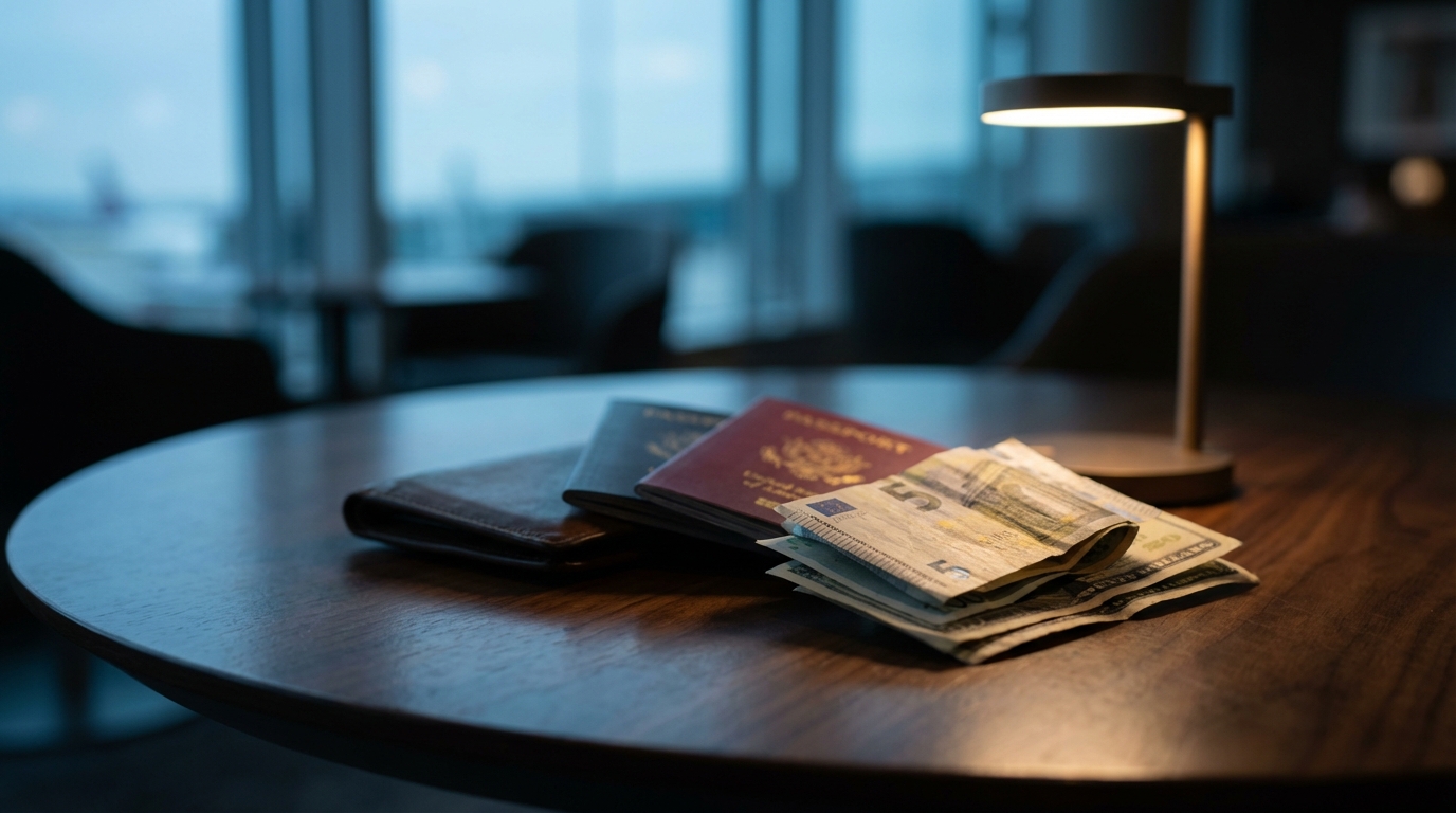 해외 여행자나 수입업자의 부담을 나타내는 이미지. 고급스러운 공항 라운지 테이블 위에 놓인 여권과 소량의 외화가 차갑고 비싼 느낌의 조명을 받고 있다.