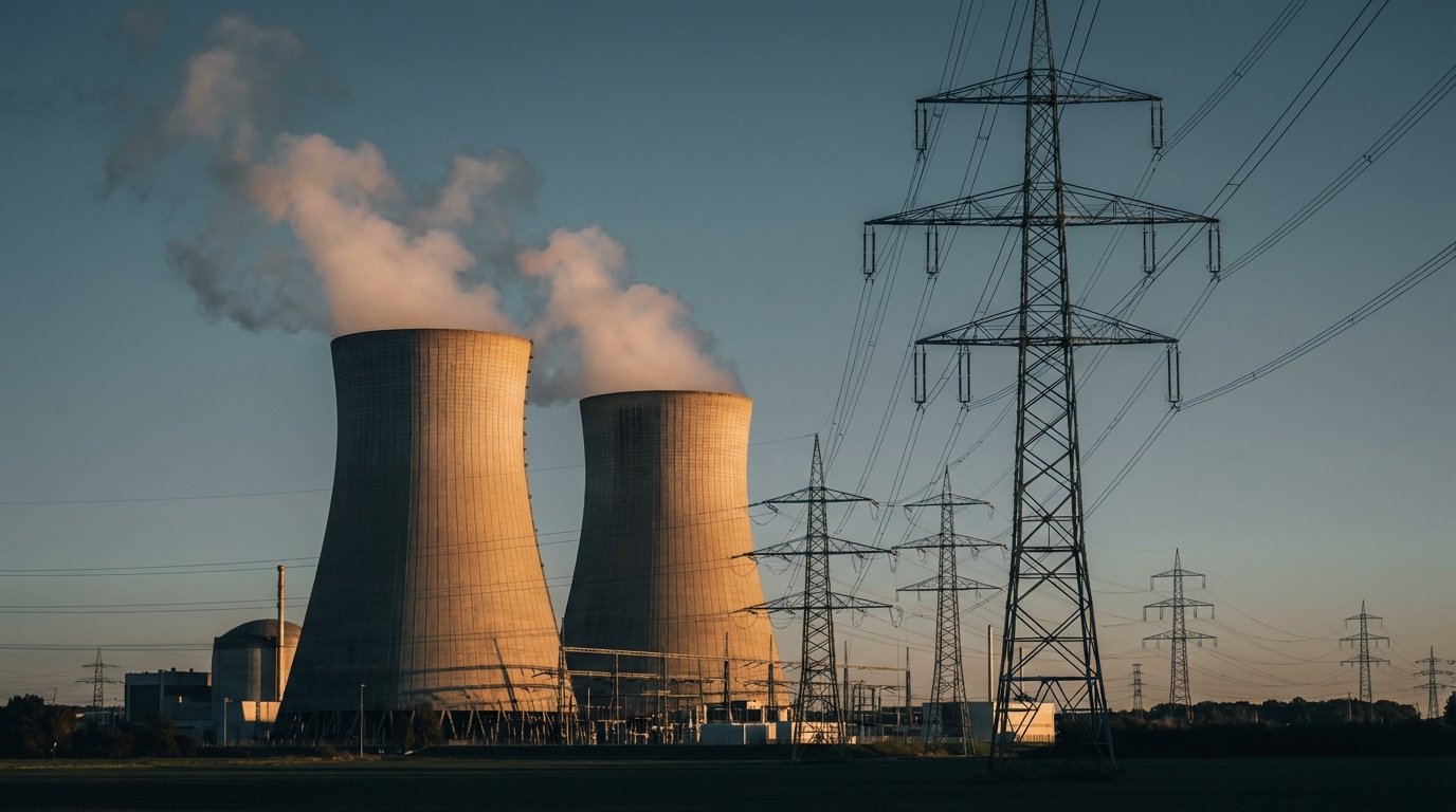 황금빛 노을 아래 가동 중인 현대적인 원자력 발전소와 송전탑 전경