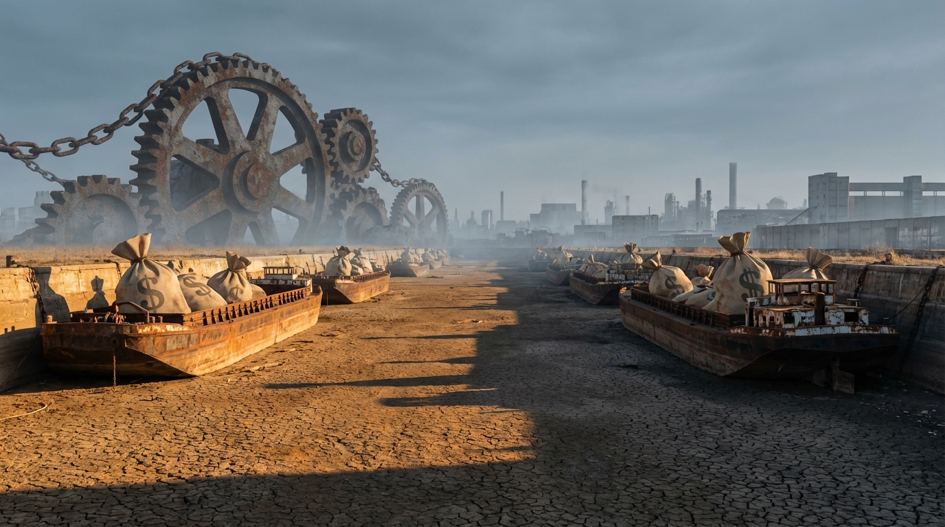 대규모 자금 유출로 인해 신용 공급이 막히고 경제 활동이 멈추는 레버리지 사이클의 악순환을 상징하는, 말라버린 운하와 녹슨 톱니바퀴.