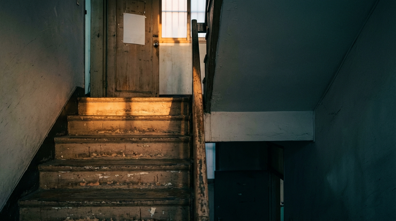 오래된 다가구 주택의 낡은 계단과 그 위에 놓인 월세 인상 통지서