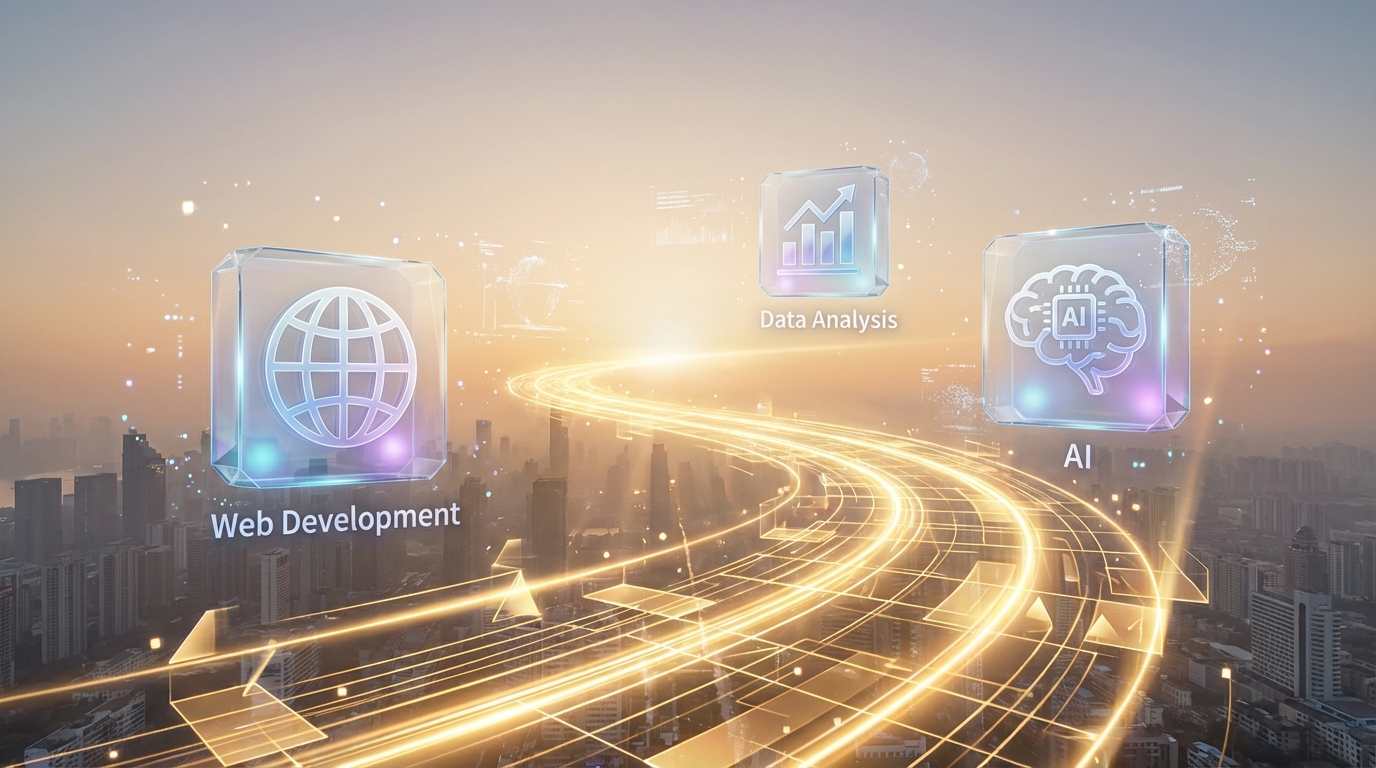웹 개발, 데이터 분석, 인공지능 아이콘이 떠 있는 미래지향적인 학습 로드맵과 빛나는 길