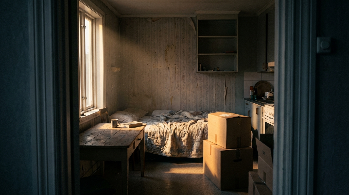 어둡고 좁은 방 안을 비추는 따뜻한 빛과 그 아래 놓인 가구들