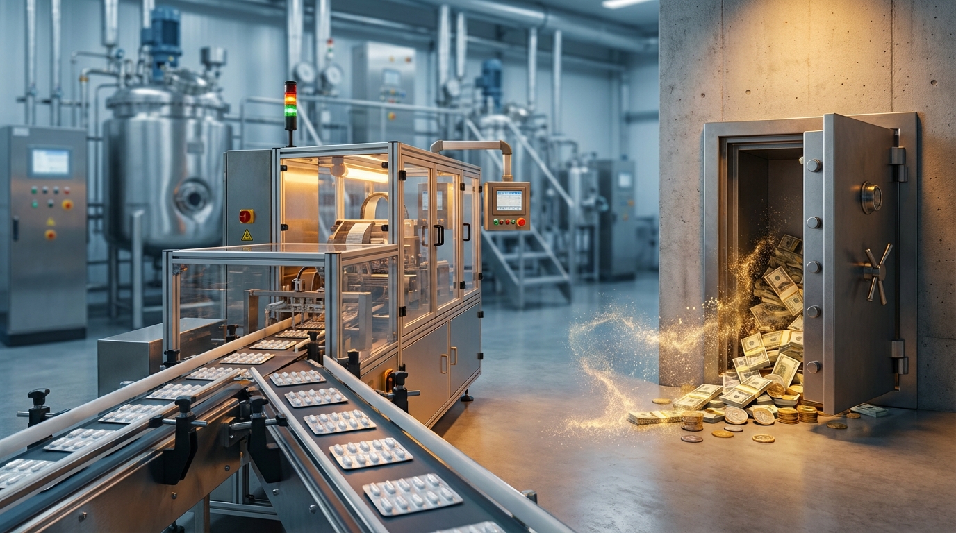 활발한 생산 라인과 대비되는 이익 손실을 표현한 이미지입니다. 알약 포장 기계가 빠르게 작동하는 옆에서, 금고 속의 돈이 밖으로 흘러내려 사라지는 모습을 통해 '더 많이 팔았지만 이익은 줄어든' 상황을 묘사합니다.