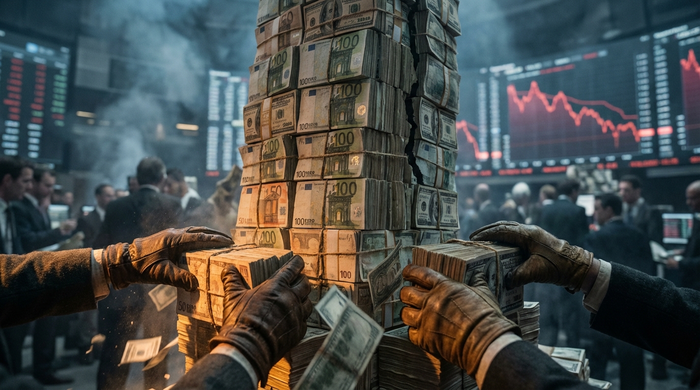 사모대출 펀드의 대규모 환매 사태로 인해, 투자자들의 자금 회수 압박으로 무너지는 화폐 건축물과 위태로운 금융 시장을 묘사한 이미지.