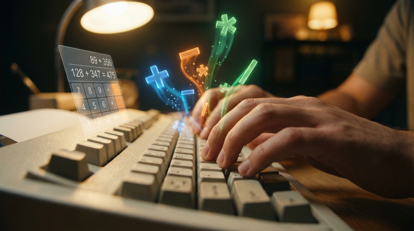 기계식 키보드를 타이핑하는 손과 그 위에 떠오른 수학 연산 기호들(더하기, 빼기 등)과 계산기 콘셉트